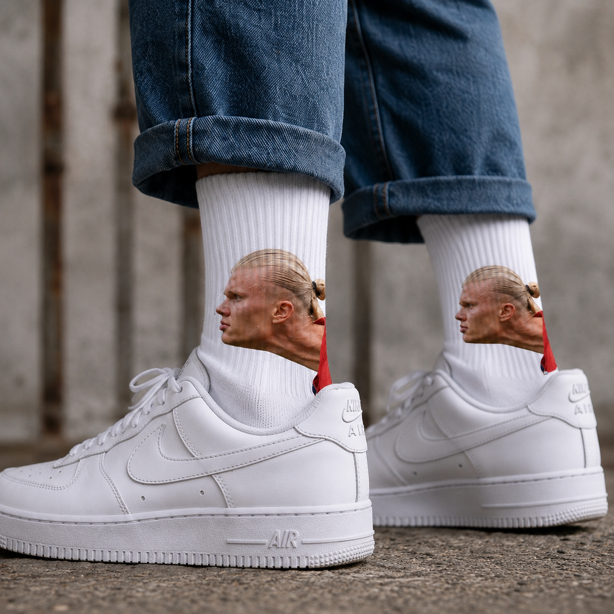 White DROP 001 Haaland meme socks worn with cuffed jeans and white sneakers