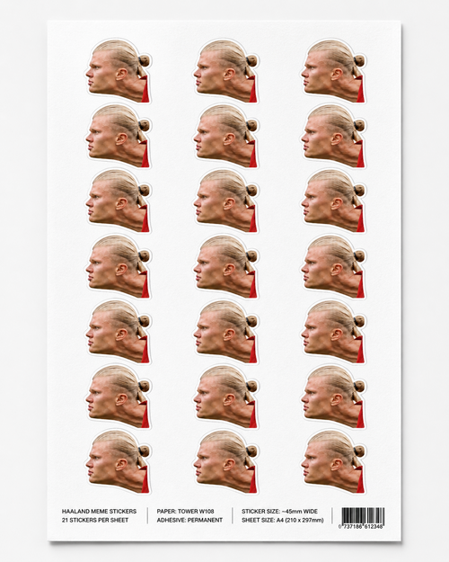 Haaland meme sticker sheet with 21 stickers on Tower W108 A4 paper